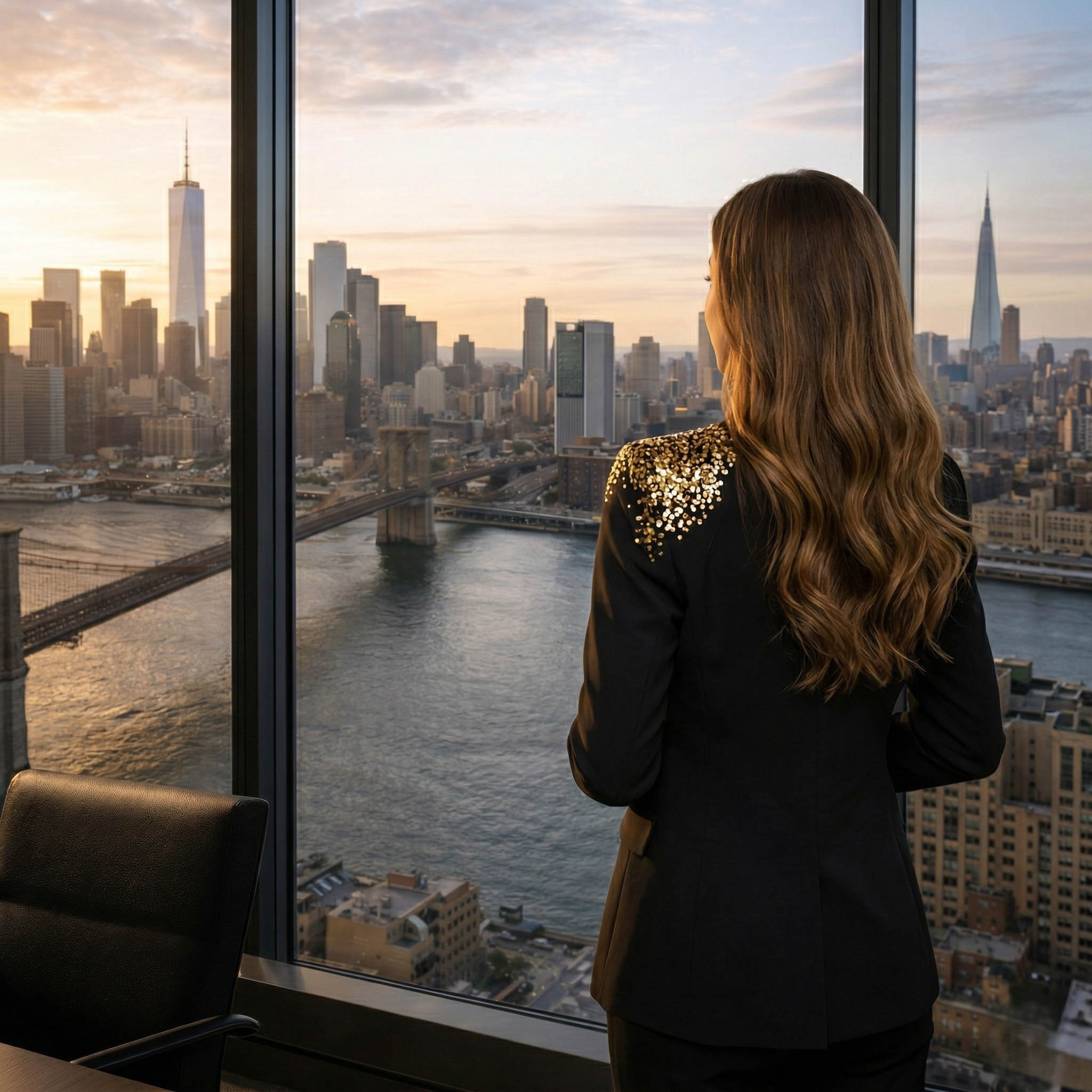Gaia Schinello di spalle davanti allo skyline di New York